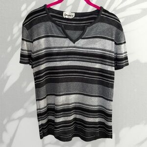 Vintage SPUNKY Short Sleeve Top Black and Gray Striped Women’s Size Medium Y2K